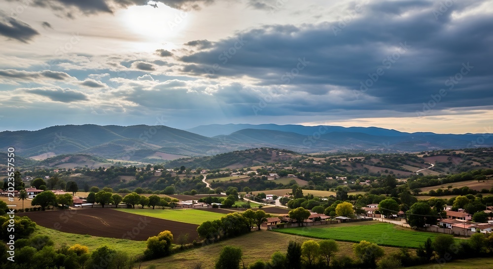 Fototapeta premium Rural landscape with green fields mountains.