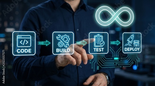 Man interacting with digital DevOps pipeline icons