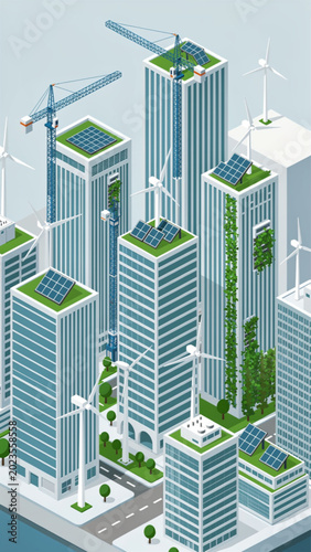 Green city skyline with skyscrapers, solar panels, wind turbines, and gardens