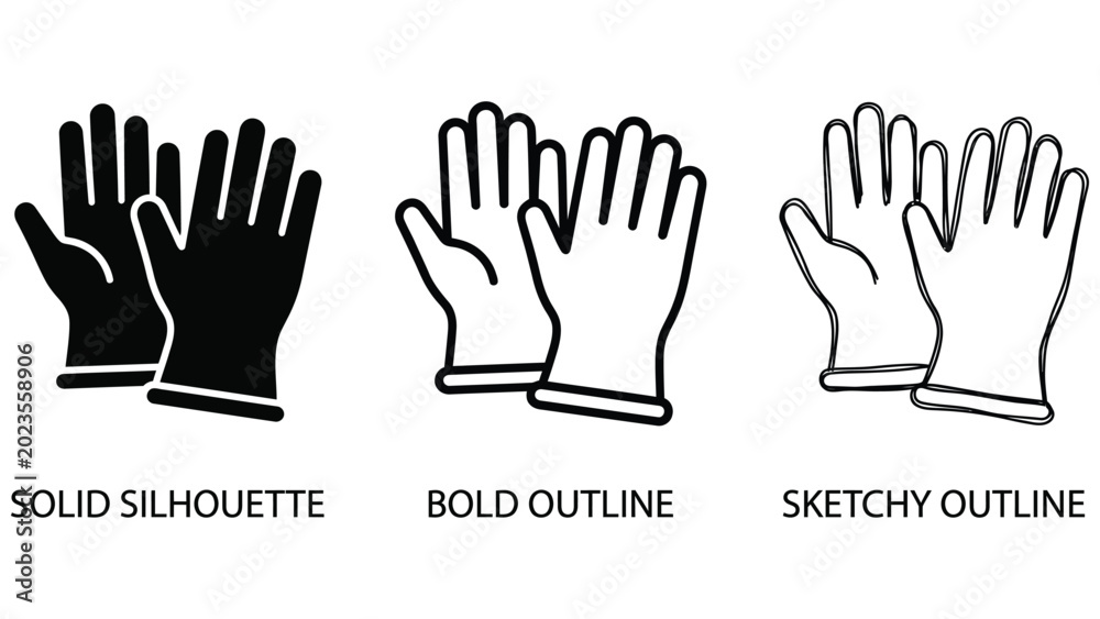 Fototapeta premium Protective gloves icon set for safety and work, solid outline and sketch styles