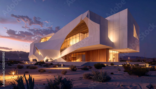 Futuristic Architectural Masterpiece Illuminated at Dusk in Desert Landscape.