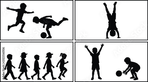 Bild auf Leinwand Children Silhouette Collection with Playing Walking Handstand and Active Kids Ac