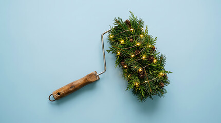 Paint roller with green coniferous branches and warm fairy lights on a light blue background christmas decoration evergreen creativity renovation celebration minimalist artistic lighting