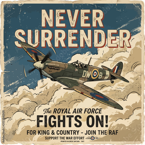 Foto Retro World War II style propaganda poster featuring a fighter plane flying with text Never Surrender