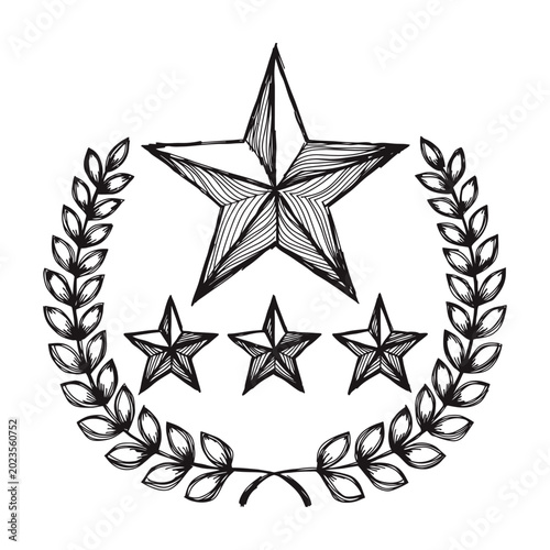 Military coat of arms emblem with laurel wreath and stars flat design vector