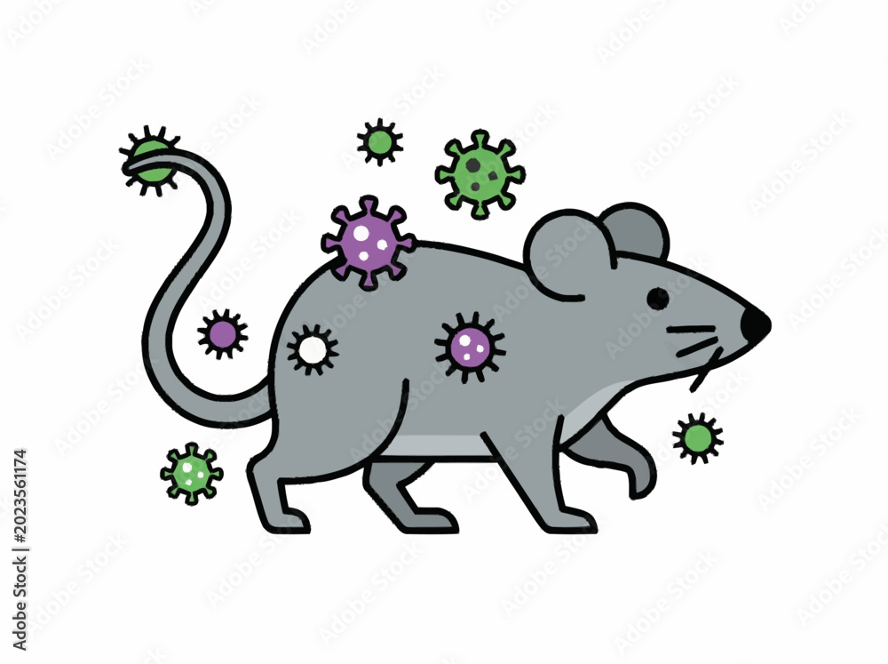 Fototapeta premium Simple vector illustration of an infected laboratory mouse, depicting disease transmission and the study of pathogens in microbiological research and healthcare environments