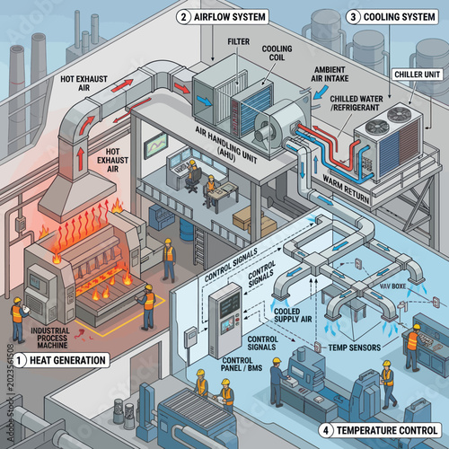 Industrial HVAC system diagram showing heat generation airflow and cooling.