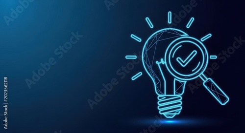 Glowing Wireframe Lightbulb with Checkmark Symbol Representing a Verified Innovative Idea on a Dark Blue Digital Background