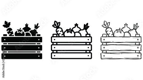 Vegetable crate icon set, fresh harvest and local produce symbol in silhouette, monoline, and hand drawn styles
