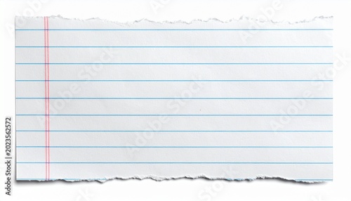 Torn lined notebook paper with blue lines and red margin, white background, close-up view of paper texture