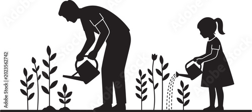 Canvastavla Parent and child watering plants silhouettes gardening together nurturing growth