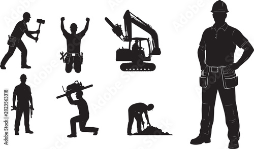 Canvastavla Silhouette of construction workers with tools and machinery showing labor indust