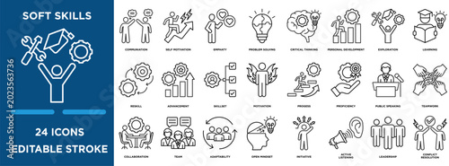 Soft skills icon collection set. Containing design team, training, business, motivation, education, development, success icon. simple line vector editable