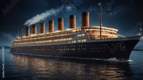 Majestic vintage ocean liner cruise ship illuminated at night captured in a detailed professional photograph sailing across dark calm waters