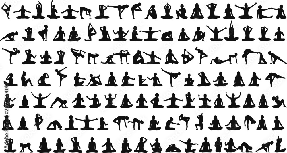 Obraz premium Collection of yoga poses and meditation silhouettes