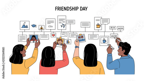 Photography Friendship Day Celebration: Four individuals commemorate Friendship Day by arranging photographs and drawings on a timeline, symbolizing cherished memories and shared experiences