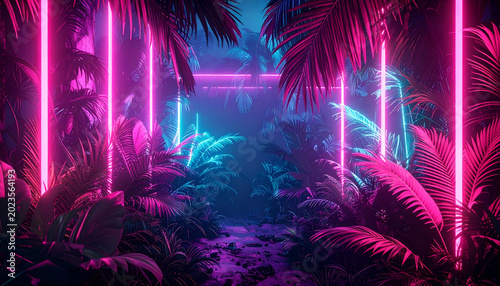 Vibrant Neon Jungle Path with Tropical Plants and Abstract Lights.