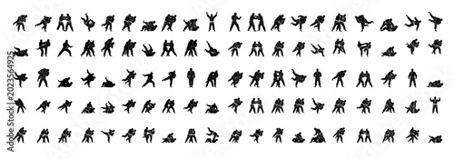 Obraz na plátně Judo Fighter Silhouette Collection Vector Icons Martial Arts Combat Sport Action