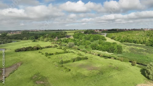 Aerial Drone View of Green Meadows and River Nene Wetlands in Northamptonshire English Countryside