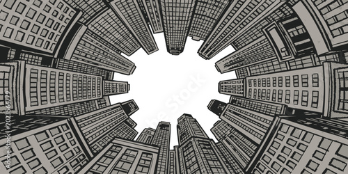 Tableau sur toile Black and white sketch illustration of tall city skyscrapers looking up from the