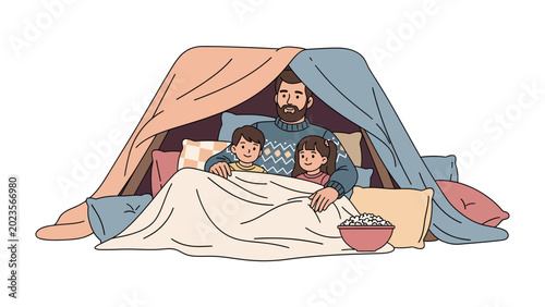 Canvastavla Cozy Family Den: A father and his two children snuggle together under blankets inside a makeshift fort, sharing popcorn and a heartwarming moment of togetherness