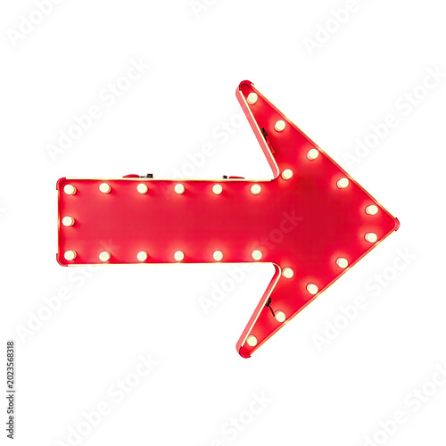 A red arrow pointing direction with flashing lights on a dark background, suitable for warning or guidance purposes
