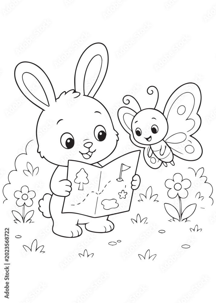 Obraz premium coloring book bunny exploring the garden with a map and butterfly