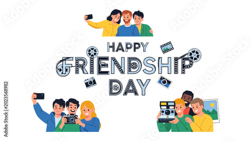 Slika na platnu Friends Capturing Memories: A vibrant illustration celebrating friendship with people taking selfies and photos together, embodying the spirit of connection and shared moments
