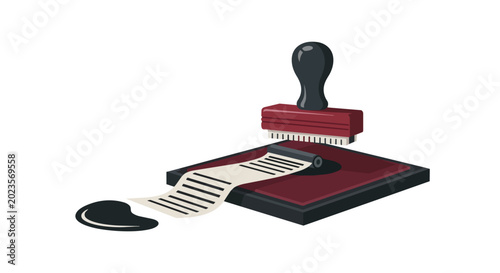 Professional rubber stamp with ink pad and paper receipt list illustration isolated on white background