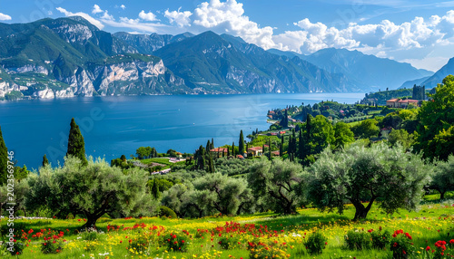 Scenic Italian Lake Garda Landscape with Olive Groves and Mountains.