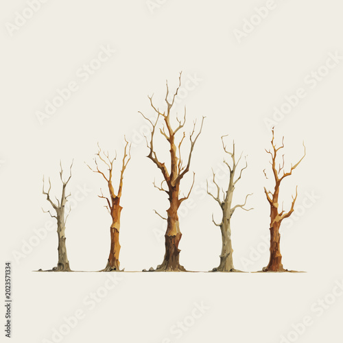 A Close-up View of Several Dead Trees Standing Under a Clear Sky Outdoors