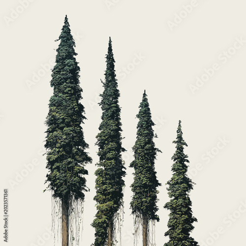 Green plants growing naturally in watercolor style artwork design with tall trees