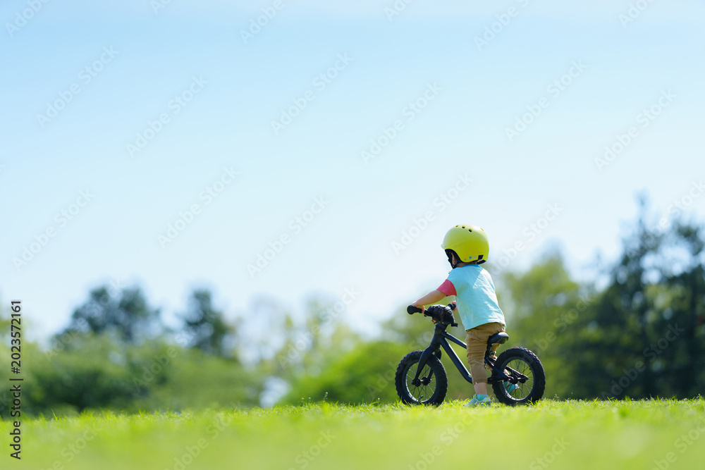 Naklejka premium キックバイクで公園を走る2歳の男の子