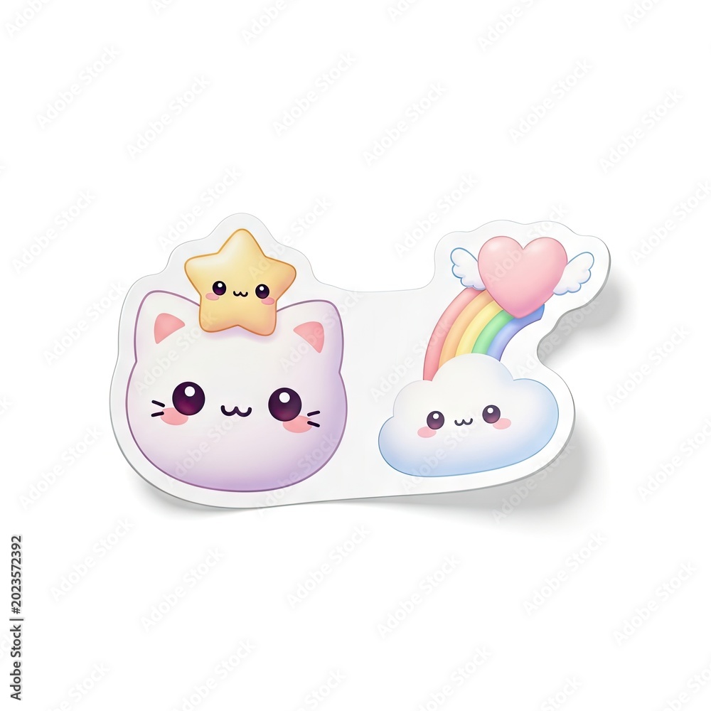 Fototapeta premium Cute Kawaii Cat with Star and Rainbow Cloud Sticker Illustration.