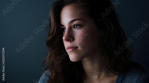A dramatic low key portrait capturing the ethereal profile of a woman with flowing hair and soft glowing accents