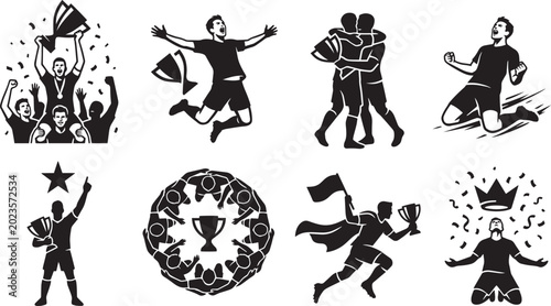 Tableau sur toile Soccer Victory Celebration and Football Champions Trophy Winner Silhouettes