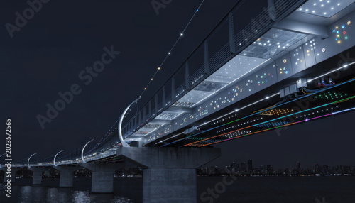 Smart bridge with glowing lights and embedded technology spans over water at night, showcasing futuristic design and high tech structure