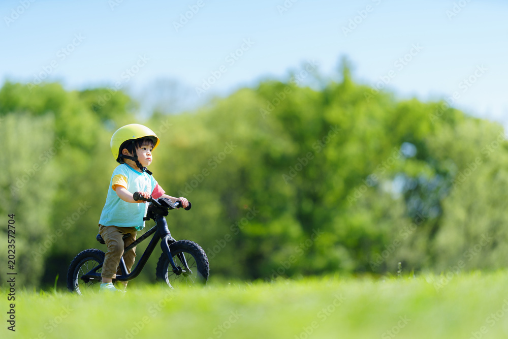 Obraz premium キックバイクで公園を走る2歳の男の子