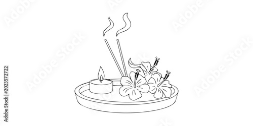 Bild auf Leinwand Traditional pooja thali hindu religious items for worship and celebrations, Continuous one line drawing of Puja Thali with diya lamp incense sticks and flowers