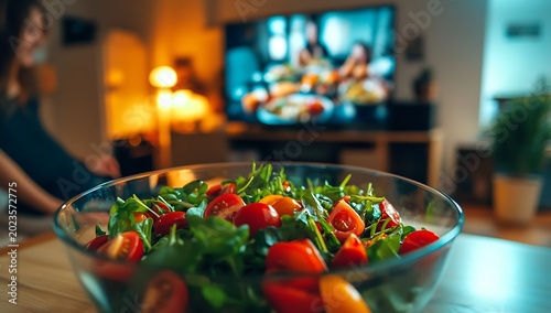 Fresh garden salad in a clear glass bowl with vibrant cherry tomatoes and green leaves in a cozy living room setting with blurred television