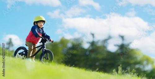 公園でキックバイクを練習する2歳の男の子