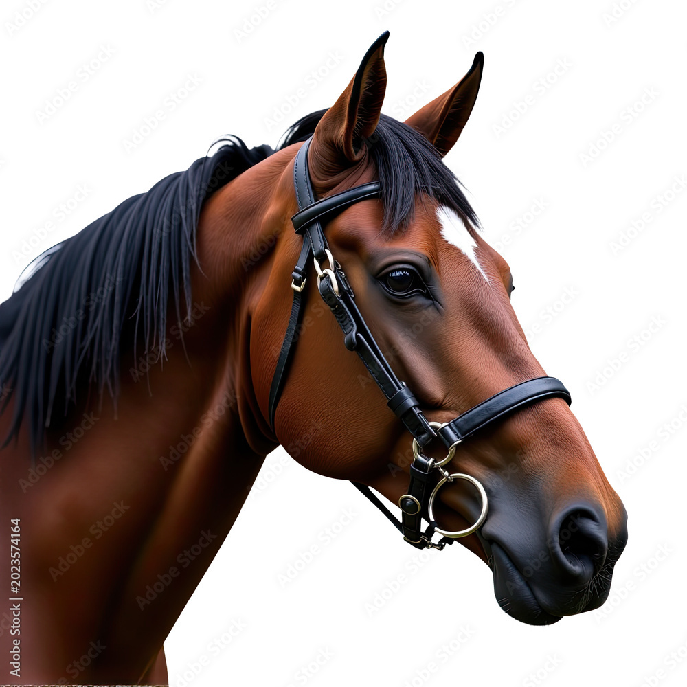 Fototapeta premium A close-up view of a horse's head with a bridle, suitable for equestrian-themed images or equine-related designs