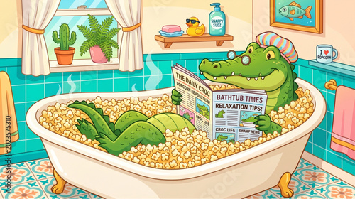 Funny Crocodile Relaxing in Popcorn Bathtub Reading Newspaper Illustration