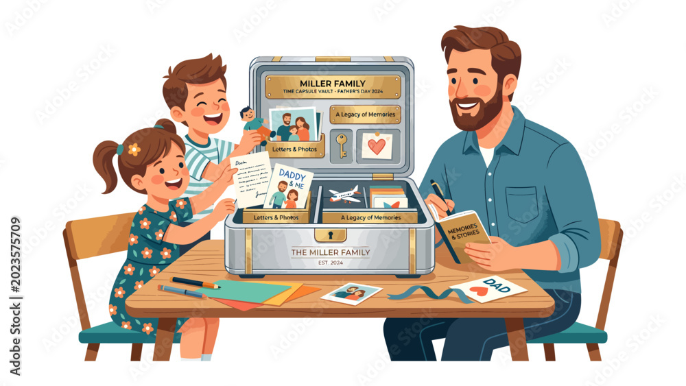 Αυτοκόλλητο Family Legacy Chest: A father and his two children create a cherished family legacy by filling a keepsake chest with memories, photos, and important documents, symbolizing heritage and connection