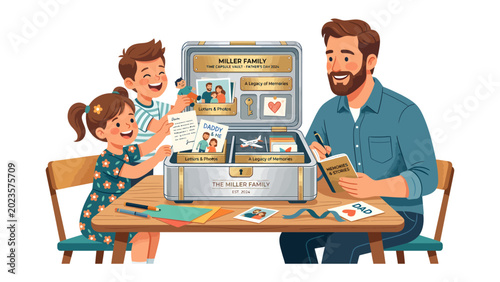 Canvas Print Family Legacy Chest: A father and his two children create a cherished family legacy by filling a keepsake chest with memories, photos, and important documents, symbolizing heritage and connection