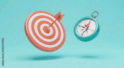 3D render of a red and white target with an arrow hitting the bullseye and a compass for strategic business direction on a blue background bullseye direction strategy business precision planning