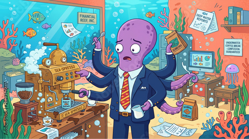 Overwhelmed Octopus Businessman Multitasking in Underwater Office Illustration