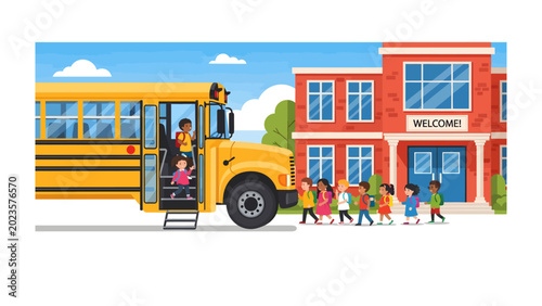 Photography First Day of School: Young students, excited and eager, disembark from a bright yellow school bus, ready to begin their educational journey at a welcoming school building under a clear blue sky