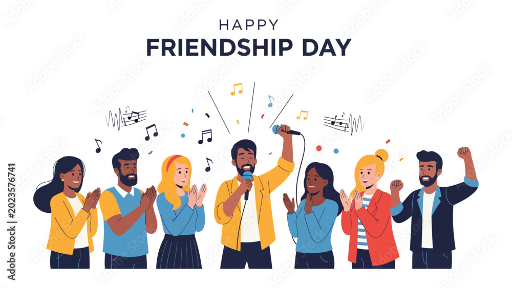 Fototapeta premium Friends Unite: A vibrant illustration of a diverse group of friends celebrating Friendship Day, with one friend singing into a microphone, surrounded by musical notes and clapping hands.