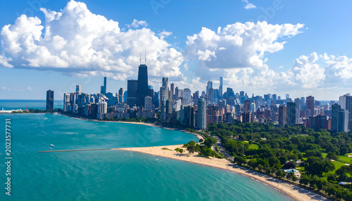 Panoramic Aerial View of Chicago Skyline and Lake Michigan Waterfront.